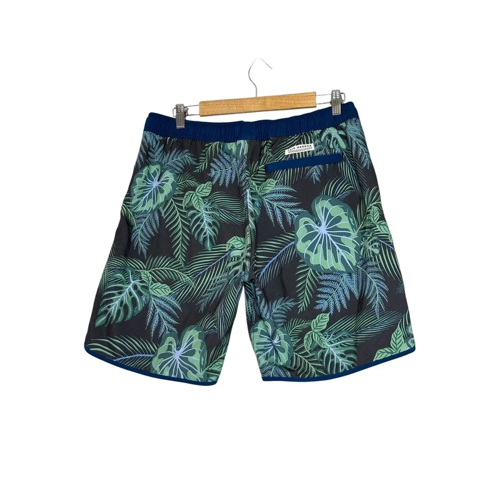 Fair Harbor Mens Tropical Palm Print Board Shorts Large Lined Swim Trunks Green
